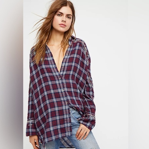 Free People Downtown Romance Embellished Plaid Shirt, Red, Size Small - Picture 1 of 11